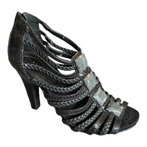 Apostrophe Black Woven Leather Strappy Heels Size 8.5 M Gray Marbleized Beads